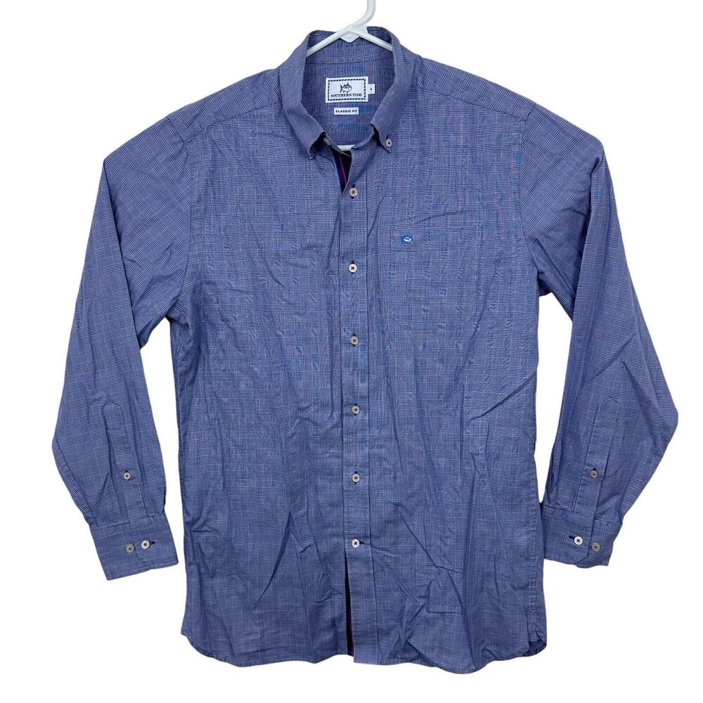 Southern Tide Button Front Shirt Plaid Long Sleeve Mens Sz S Navy Blue White EUC